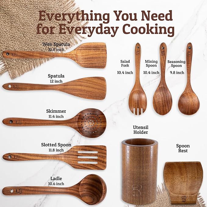 PriorityChef Premium Wooden Spoons for Cooking - 8pc with Utensil Holder, Spoon Rest and Hanging Hooks, Smooth Finish Teak Wooden Utensil Set, Heat-Resistant & Nonstick Safe, Ideal for Gifting-Ruum Studio Home