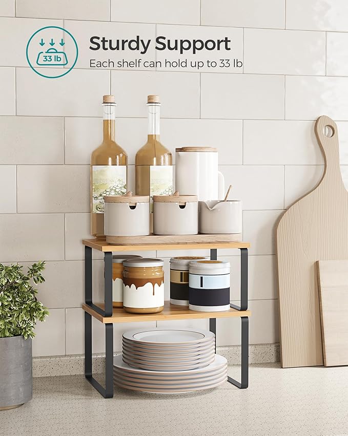 SONGMICS Cabinet Organizer Shelf, Set of 2 Kitchen Counter Shelves, Kitchen Storage, Spice Rack, Stackable, Expandable, Metal and Engineered Wood, Ink Black and Natural Beige UKCS02NB-Ruum Studio Home