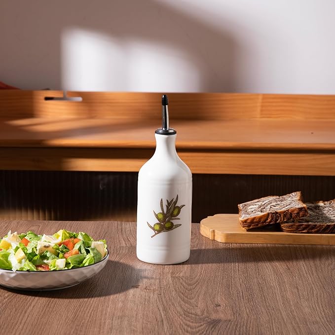 Sweejar Porcelain Olive Oil Dispenser Bottle, Opaque Oil Cruet Protects Oil to Reduce Oxidation, Suitable for Storage of Oil, Vinegar, Soy Sauce and Other Liquids, Pack of 1, 15.5 Oz (Olive Leaf)-Ruum Studio Home