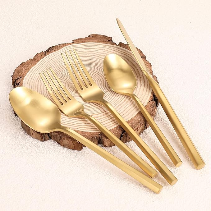 Matte Silverware Set Gold Flatware Set with Hexagon Handle 20 Pieces 18/0 Stainless Steel Cutlery Set Wedding Housewarming Gift Service for 4 (Matt gold)-Ruum Studio Home