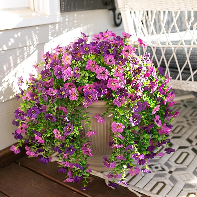 Artificial Faux Hanging Flowers Plants for Spring Outdoor Outside Decoration, 2 PCS Fake Silk Daisy with Eucalyptus UV Resistant Realistic Trailing Vines for Balcony Patio Porch (Darkpurple+Purple)-Ruum Studio Home