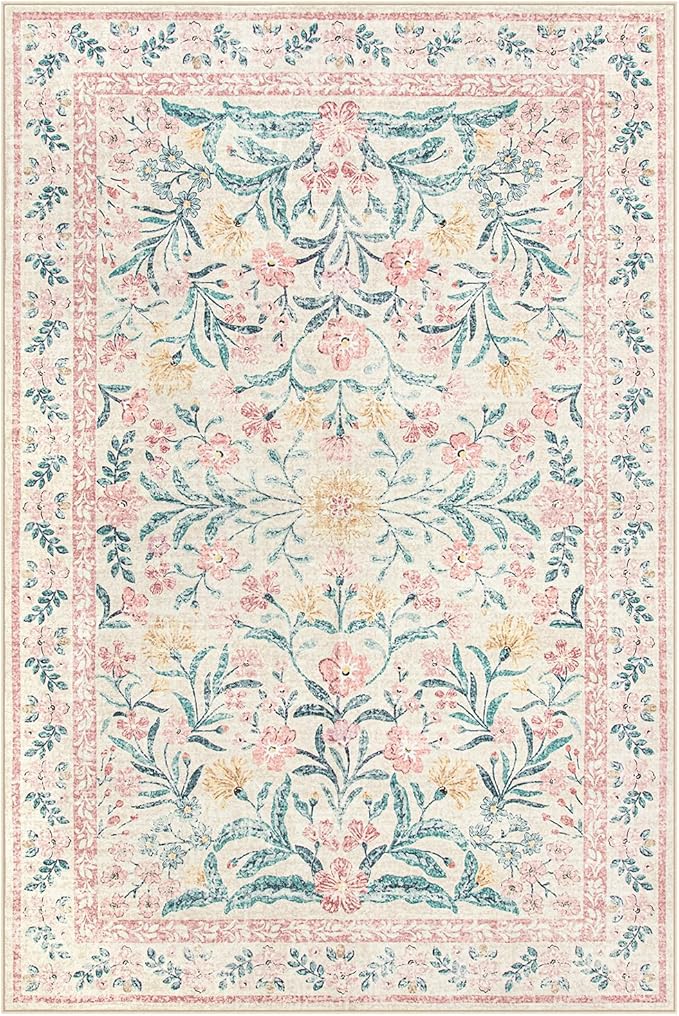 Wonnitar Washable Area Rug 6x9, Pink Floral Rugs for Bedroom Girls Soft Living Room Carpet Ultra-Thin, Boho Non Slip Non-Shedding Pastel Nursery Carpet for Kids Room Playroom Dorm-Ruum Studio Home