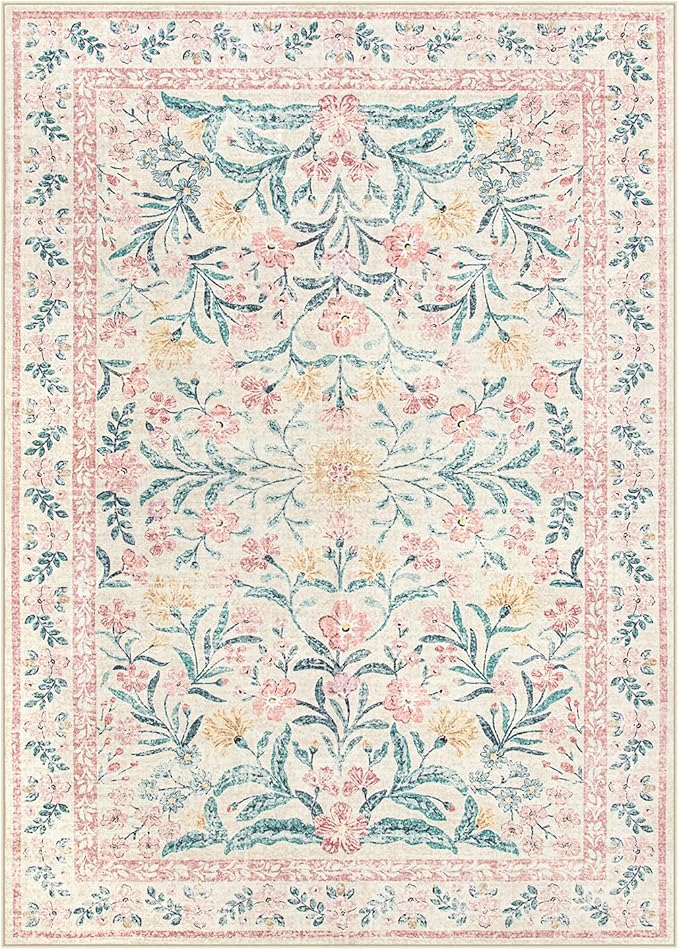 Wonnitar Machine Washable 10x14 Area Rugs, Large Living Room Rug Floral Pink and White Carpet, Boho Soft Ultra-Thin Foldable Carpets for Bedroom Dining Room Office-Ruum Studio Home
