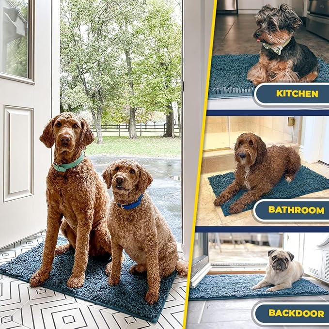 Muddy Mat® 4-Piece Atlantic Blue Medium 30"X19" AS-SEEN-ON-TV Highly Absorbent Microfiber Door Mat, Bath Mat and Pet Rug, Non Slip Thick Washable, Soft Chenille for Kitchen Bedroom Indoor and Outdoor-Ruum Studio Home
