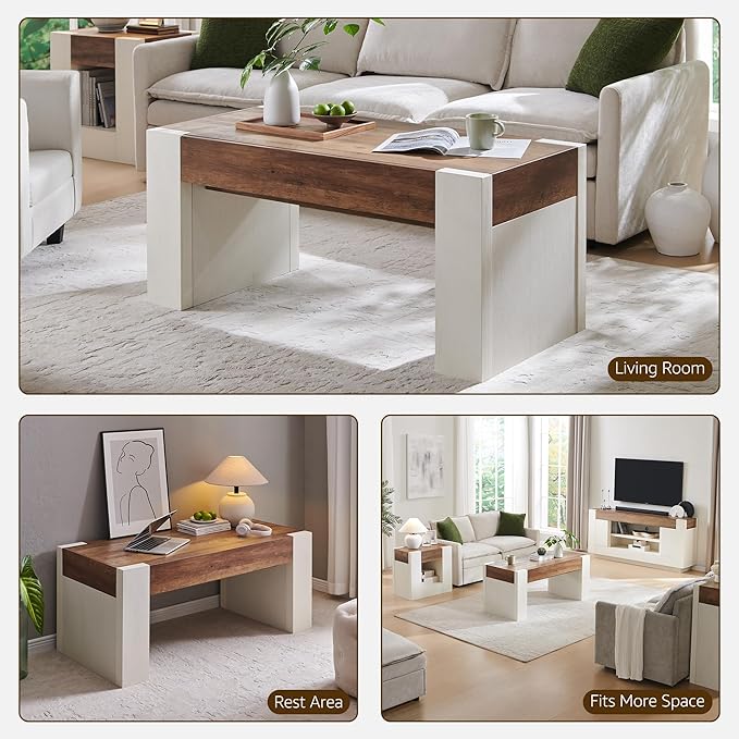 OKD 48" Modern Farmhouse Coffee Table, Wooden Living Room Table with Hidden Storage Drawer, Rustic Rectangular Center Tables with Wood Thick Design for Living Room, Office, Antique White-Ruum Studio Home