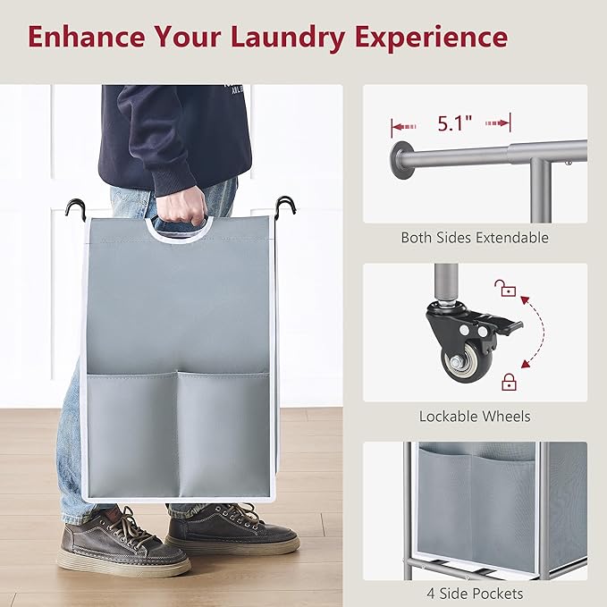 Tajsoon Laundry Sorter with Hanging Bar, 3 Section Rolling Laundry Hamper with Heavy Duty Lockable Wheels, Laundry Basket with Hanging Rack for Bedroom, 3 Gray-Ruum Studio Home