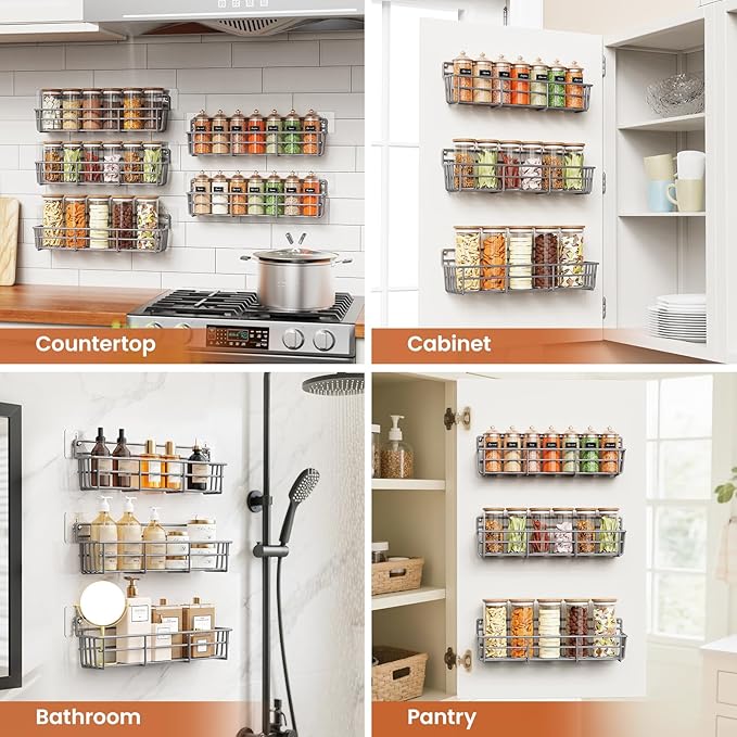 5 Pack Spice Rack Seasoning Organizer Wall Mount, Screw or Adhesive Hanging Shelf Basket Spice Organizer Shelf for Kitchen, Gray-Ruum Studio Home
