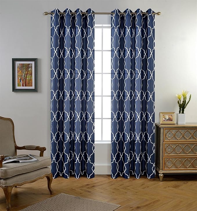 MIUCO Moroccan Embroidered Semi-Sheer Curtains Faux Linen Grommet Window Panels for Doors 52 x 95 Inch 2 Panels, Navy Blue-Ruum Studio Home