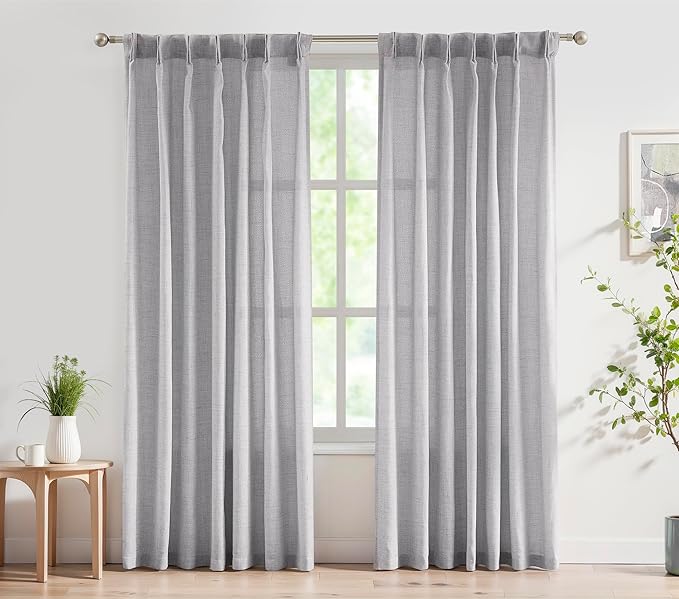 FMFUNCTEX Pinch Pleated Curtains 96 Inches Long for Living Room, Dove Grey Semi Sheer Faux Linen Textured Pleat Drapes for Bedroom with Hooks, Light Filtering Farmhouse Window Drapes 2 Panels-Ruum Studio Home