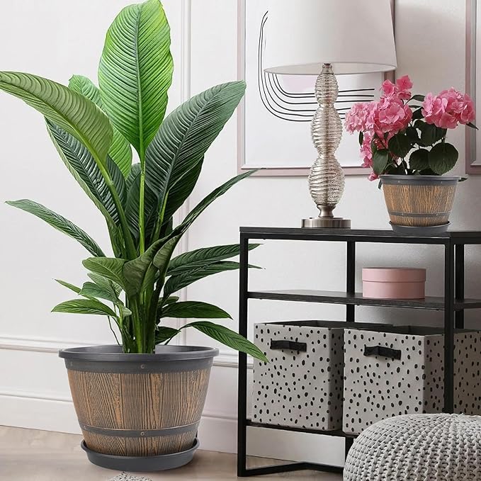 16-inch-Plant-Pots-Indoor-Outdoor, 4 Pack Large Whiskey Barrel Planters with Drainage Holes & Saucer, Plastic Flower Pots Imitation Wine Barrel Design, Decorative Garden Pots for Plants-Ruum Studio Home