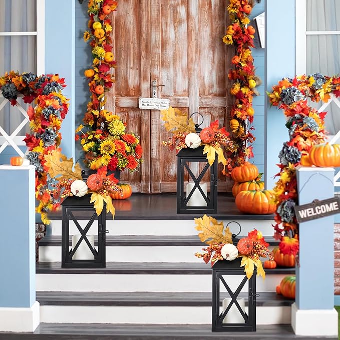 Fall Decor Lantern for Home, Large Decorative Lanterns Outdoor Waterproof 12" Battery Powered Decorative Lanterns Metal Hanging LED Candle Holder, Flameless Candle Lantern for Indoor 2 Packs-Ruum Studio Home