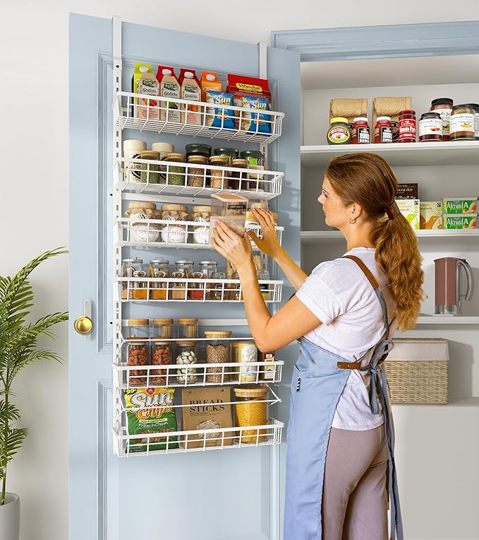 Over The Door Pantry Organizer, Wall Mount Spice Rack, Pantry Hanging Storage and Organization, 6 Adjustable Baskets Heavy-Duty Metal for Home & Kitchen, Back of Door Seasoning Rack - White-Ruum Studio Home