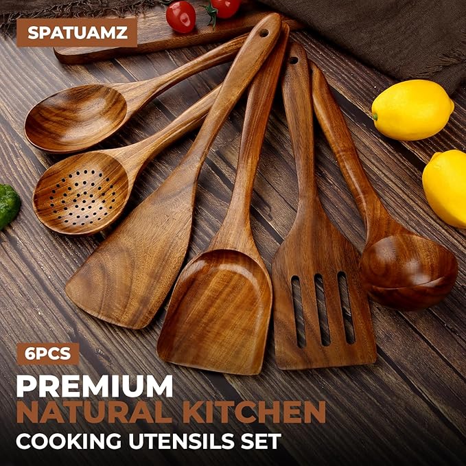 SPATUAMZ Wooden Cooking Spoons, Ladle and Spatula, Fine Polished Teak Wood Cooking Utensils Set of 6, Nonstick Wooden Kitchen Spoon & Spatula Set-Ruum Studio Home