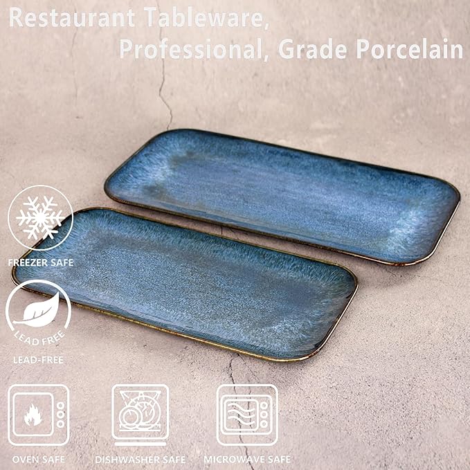 Porcelain Dinner Plates Blue 2 PCS, Serving platters for entertaining, for Fruit, cheese, snack, Bread, cupcake, Salad - Scratch Resistant durable, Microwave, Dishwasher Safe-Ruum Studio Home