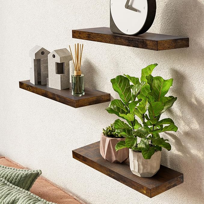 BAYKA Bathroom Floating Shelves for Wall โ Bathroom Shelf Over Toilet Farmhouse Rustic Wood for Bedroom, Kitchen, or Living Room Decor โ Rustic Brown, Set of 3, Sturdy Storage with 22lb Capacity-Ruum Studio Home