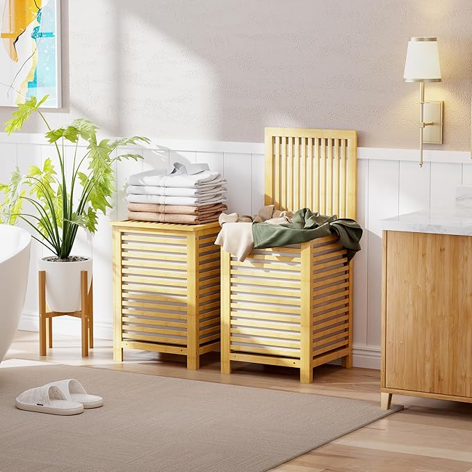 SMIBUY Double Laundry Hamper with Lid, 120L Bamboo Laundry Basket with Removable Liner Bag, 2-Section Clothes Divider Laundry Sorter for Laundry Room, Bathroom, Bedroom (Natural)-Ruum Studio Home