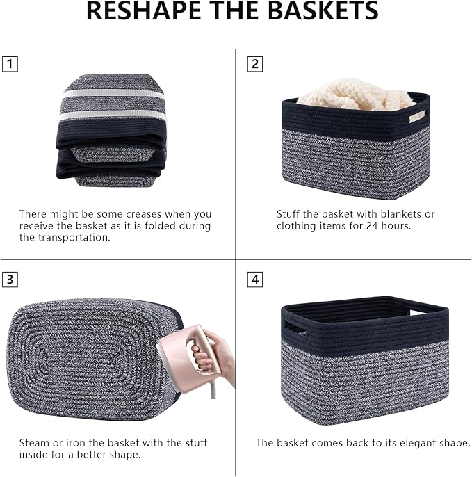 4 Pack Storage Baskets for Organizing, Woven Baskets for Shelves - Perfect for Toys, Books, Towels, and Clothes, Durable Gift Basket Bins Toy Storage, 13''L x9''W x7.8''H, Blue and Grey-Ruum Studio Home