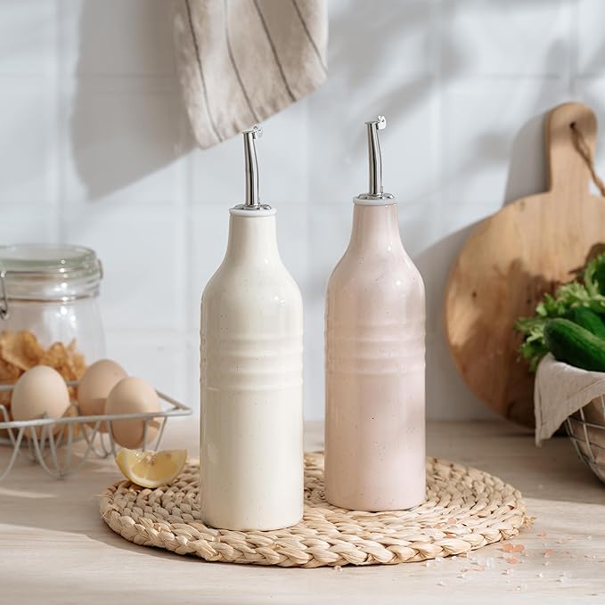 famiware Jupiter 16oz Ceramic Olive Oil Dispenser Bottle, Olive Oil and Vinegar Dispenser Bottle Set of 2 with Stainless Steel Pourers, Suitable for Storage Vinegar, Vanilla White & Light Pink-Ruum Studio Home
