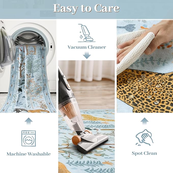 OJIA Animal Area Rugs 8x10, Soft 8x10 Washable Rugs for Living Room Bedroom, Non-Slip Boho Ultra-Thin Dining Room Rug Large Throw Carpet for Farmhouse Playroom Office, Light Blue-Ruum Studio Home