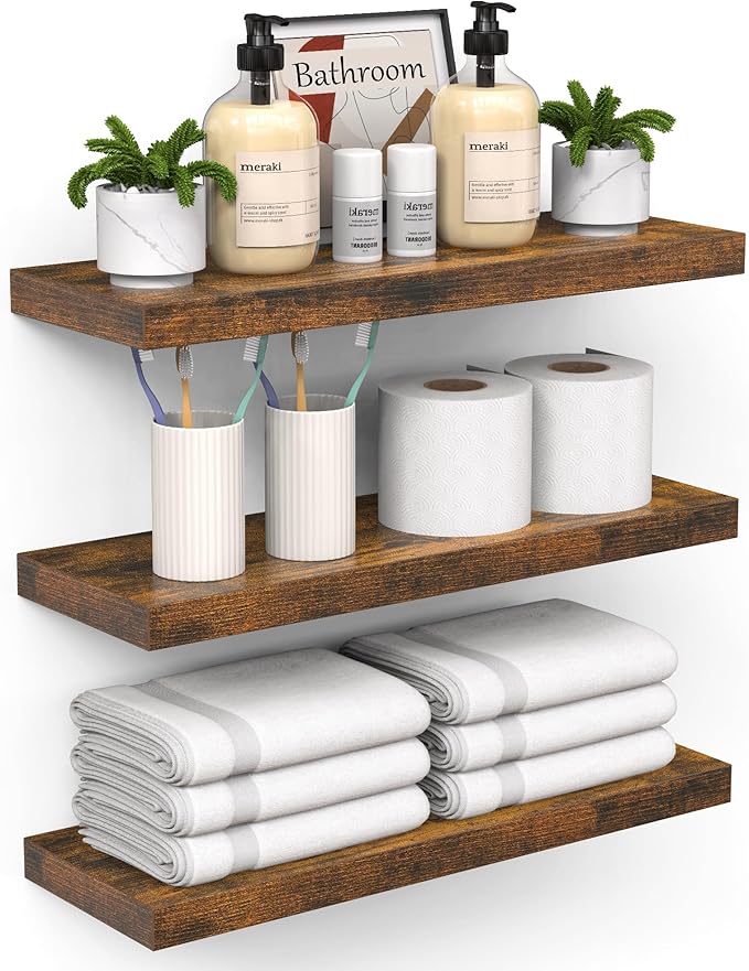 BAYKA Bathroom Floating Shelves for Wall โ Bathroom Shelf Over Toilet Farmhouse Rustic Wood for Bedroom, Kitchen, or Living Room Decor โ Rustic Brown, Set of 3, Sturdy Storage with 22lb Capacity-Ruum Studio Home