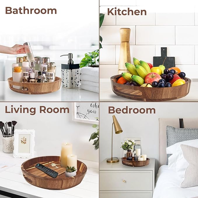 Lazy Susan for Table top 12 inch Wooden Large Lazy Susan Turntable Tray Organizer for Cabinet, Dining Table Centerpiece, Pantry, Kitchen Spice Cabinet Countertop Organizer, 100% Acacia Wood-Ruum Studio Home