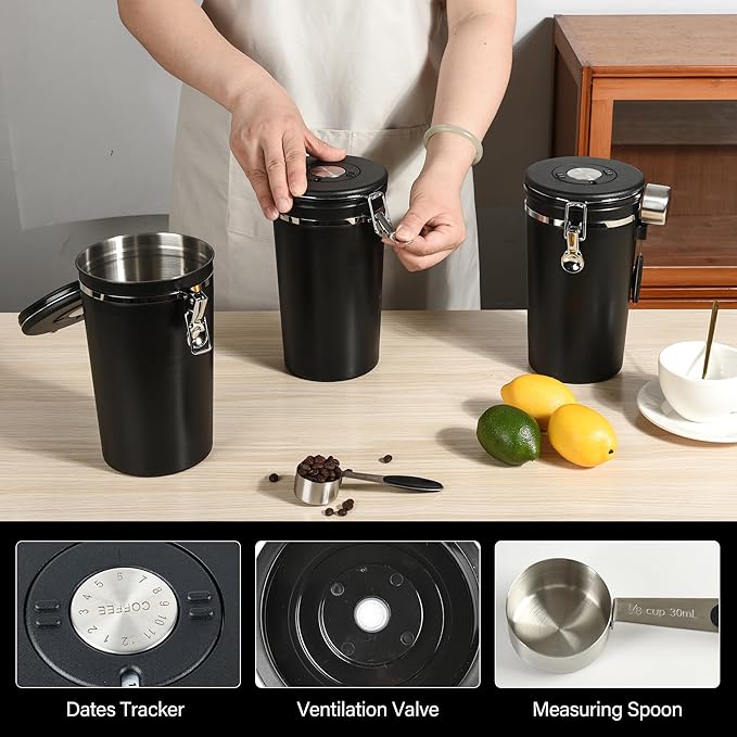 malmo Coffee Canister Set of 3, Airtight Coffee Container with Date Tracker Lid, Stainless Steel Canister for Kitchen Food Storage (Black, 180oz)-Ruum Studio Home