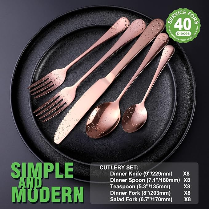Copper/Rose Gold Silverware Set, OGORI 40-Piece Stainless Steel Flatware Set, Kitchen Utensil Set Service for 8, Mirror Polished Tableware Cutlery Set for Home and Restaurant, Dishwasher Safe-Ruum Studio Home