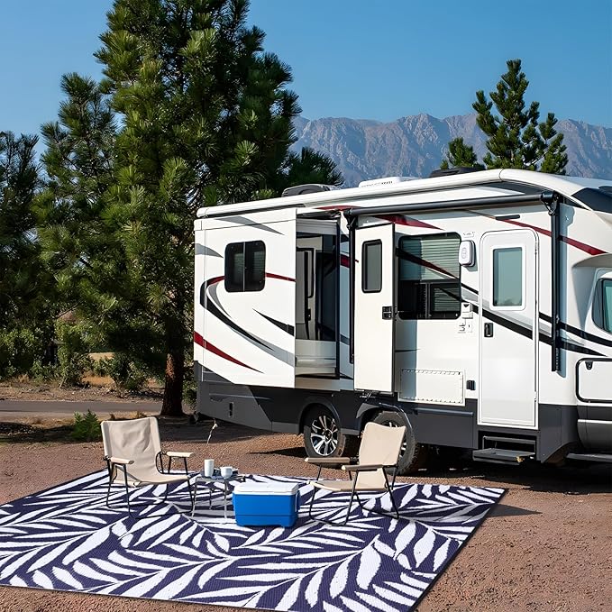 OLANLY Waterproof Outdoor Rug 6x9 ft, Reversible Outdoor Plastic Straw Rug with Leaf Pattern, RV Mat, Indoor Outdoor Carpet for Patio, Camping, Balcony, Deck, Backyard, Navy & White-Ruum Studio Home