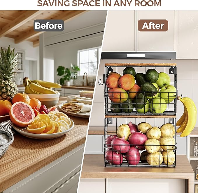 Delamu 2-Pack Stackable Metal Fruit Basket with Wood Lid-Wall Mounted & Countertop Organizer for Kitchen,Pantry- Ventilated Storage for Onions,Potatoes,Fruits,Spices (12"x 8"x 8-5/16")-Ruum Studio Home