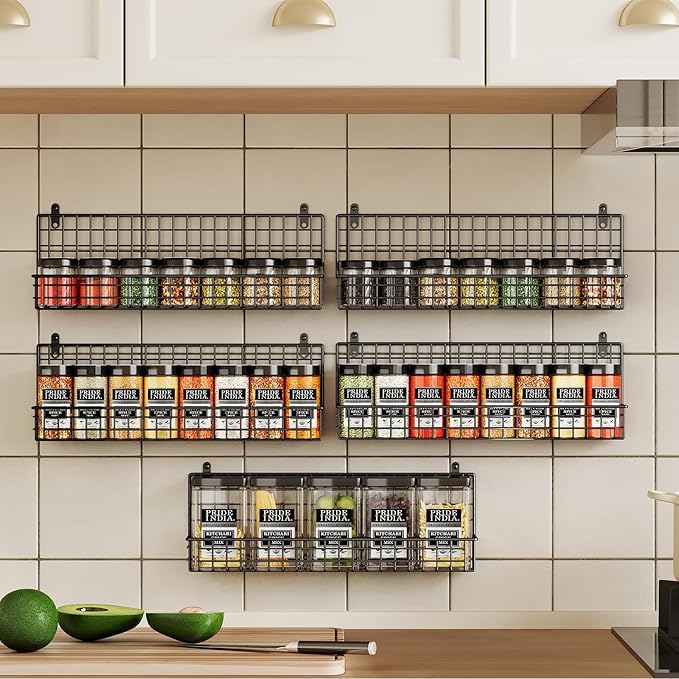 X-cosrack Spice Rack Organizer, 5-Tier Wall Spice Rack, Stackable Hanging Spice Jars Storage Racks, Great for Kitchen and Pantry, Up to Storage 48 Jars(Patent No.:D909138S)-Ruum Studio Home
