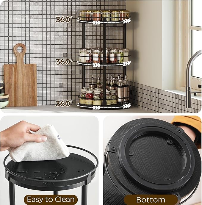 3-Tier Lazy Susan Organizer, Rotating Spice Rack, Spinning Organizer, Industrial Turntable Spice Rack Organizer for Cabinet, Kitchen Countertop, Pantry, Black SR23BK-Ruum Studio Home