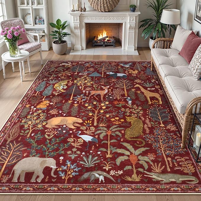 OJIA Jungle Print Washable Area Rugs 5x7, Soft Rugs for Living Room Ultra-Thin Non-Shedding Modern Bedroom Rug, Stain Resistant Throw Rug Large Carpet for Kids Nursery Dining Room, Red-Ruum Studio Home