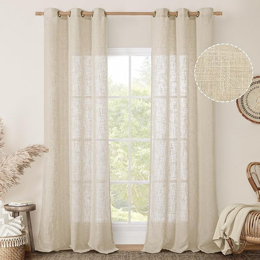 LAMIT Linen Blend Curtains 84 inches Long for Living Room/Bedroom, Soft Linen Textured Light Filtering Semi Sheer Panels with Bronze Grommet, 2 Panels Set, 34 x 84 Inch, Linen-Ruum Studio Home