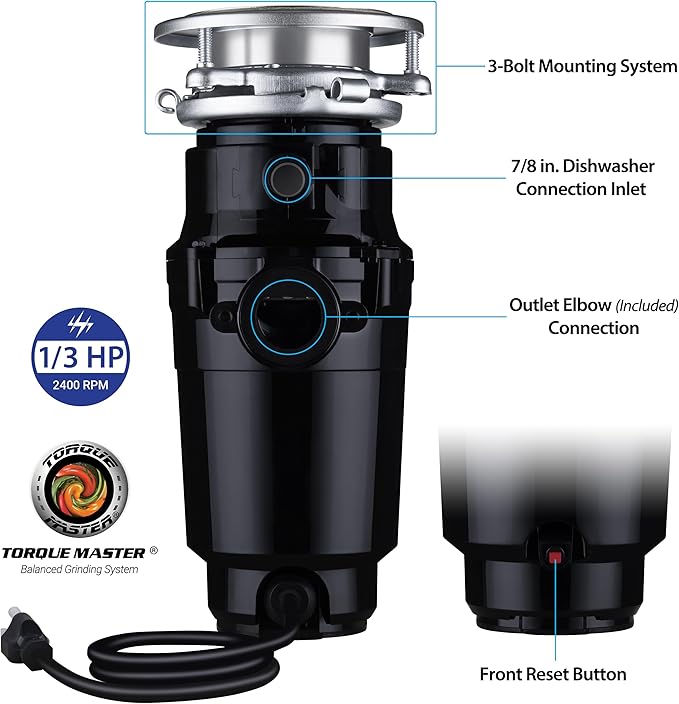 Waste Maid 10-US-WM-048-3B Garbage Disposal Anti-Jam Stainless Steel Food Waste Grinding System, 1/3 HP Compact, Black-Ruum Studio Home