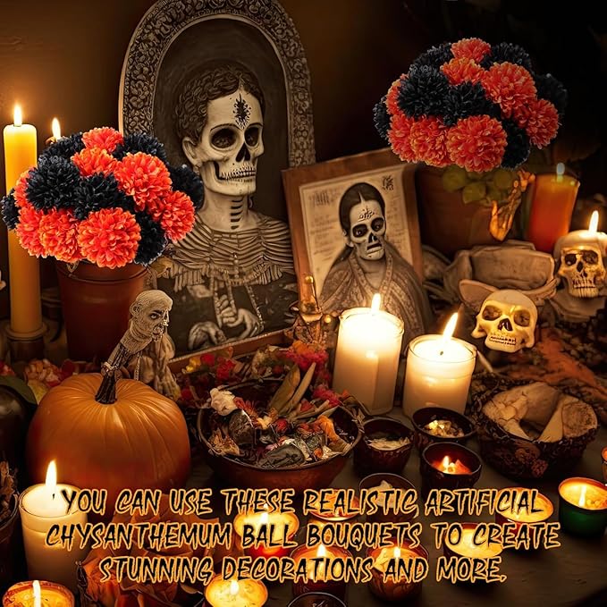 Kimura's Cabin 20Pcs Black Fake Ball Flowers Artificial Silk Chrysanthemums Faux Mums Flower Bouquets for Halloween Home Festive Party Decor Kitchen Table Centerpiece(Black)-Ruum Studio Home