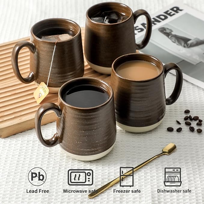 Hasense Ceramic Coffee Mug Set of 4, 15 oz Coffee Cups with Big Handles, Large Latte Mugs for Men and Women, Christmas Cups for Tea, Hot Cocoa, Latte, Cappuccino, Dishwasher Microwave Safe, Brown-Ruum Studio Home