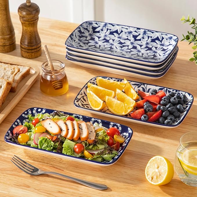 vancasso Selene 9.5 Inch Rectangular Dinner Plates Set of 6, Ceramic Salad Plates for Dessert, Appetizer, Porcelain Serving Platters for Entertaining, Microwave & Oven Safe, Vintage Blue & White Color-Ruum Studio Home