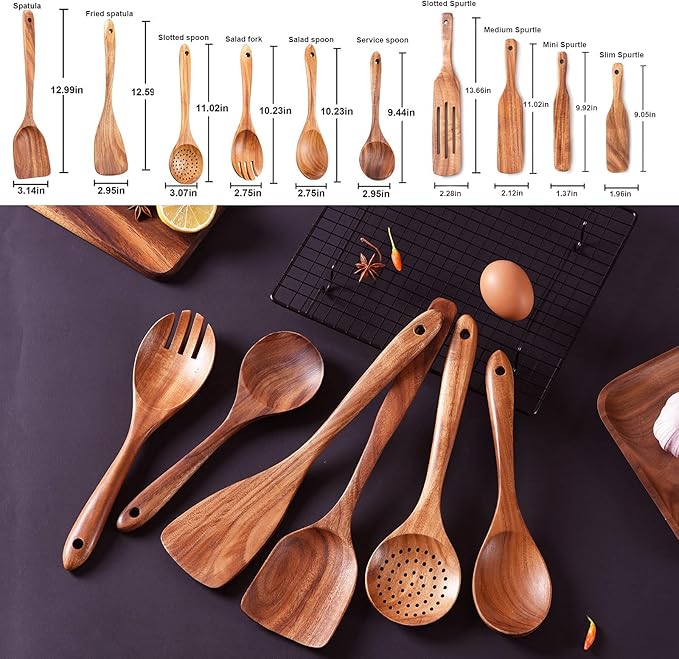 Wooden Spoons for Cooking,GUDAMAYE 10 PCS Wooden Kitchen Utensils Set,Wooden Cooking Utensils For Non-stick Pan,Teak Wood Utensils Set,Spurtles Kitchen Tools As Seen On Tv-Ruum Studio Home