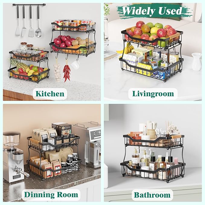 Giwil 2 Tier Countertop Fruit Basket for Kitchen, Vegetable Storage Bread Fruit Bowl Stand with 2 Banana Hangers, Wall Mounted Metal Wire Basket Organizer for Potato Onion, Black-Ruum Studio Home