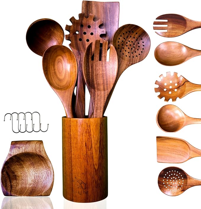 Wooden Spoons for Cooking - 8 Piece Natural Teak Kitchen Utensil Set Non Toxic - Teak Wooden Utensils with Spoon Rest and Holder-Ruum Studio Home