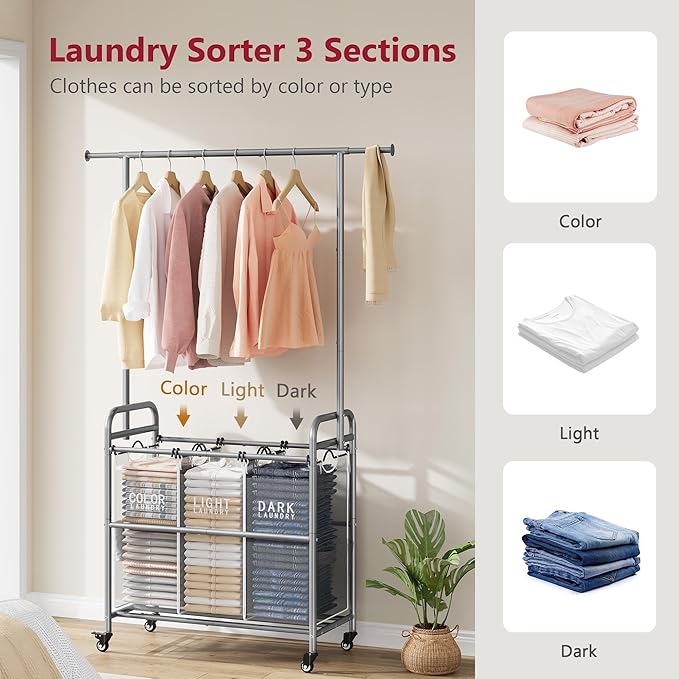 Tajsoon Laundry Sorter with Hanging Bar, 3 Section Rolling Laundry Hamper with Heavy Duty Lockable Wheels, Laundry Basket with Hanging Rack for Bedroom, 3 Gray-Ruum Studio Home