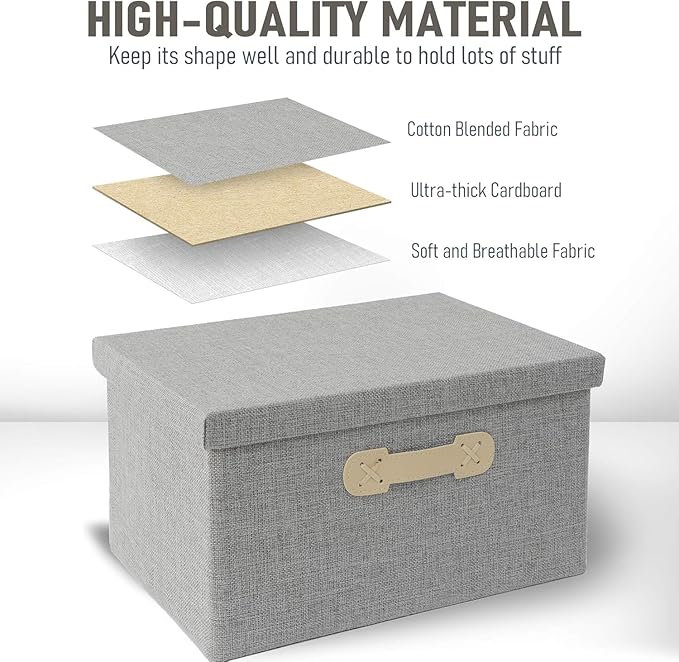 Enzk&Unity Decorative Storage Boxes with Lids, 3 Pack Grey Fabric Storage Bins with Handle, Foldbale and Stackable Storage Boxes for Shelf, Closet, Bedroom, Living Room-Ruum Studio Home