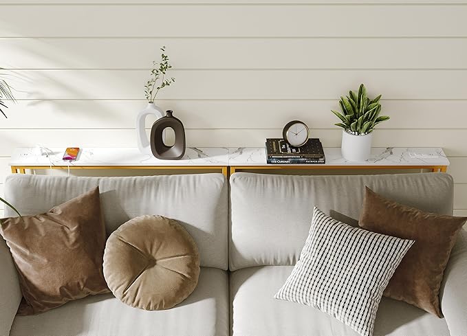 ELYKEN 2 Pack 5.9" Narrow Console Sofa Table with Power Outlets and USB Port, 5.9" Dx39.4 Wx31.1 H Marble Texture Skinny Couch Table with Golden Metal Frame-Ruum Studio Home