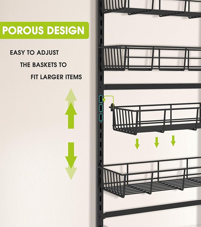 Over The Door Pantry Organizer, Pantry Storage and Organization, 6-Tier Adjustable Hanging Baskets, Metal Wall Mount Spice Rack Seasoning Shelves for Home & Kitchen, Laundry Bathroom - Black-Ruum Studio Home