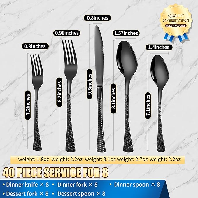 Hammered Black Silverware Set for 8,Stainless Steel 40-Piece Modern Cutlery Set,Mirror Polished Heavy Duty Flatware Set Utensil Set,Knives Spoons and Forks Set,Dishwasher Safe-Ruum Studio Home