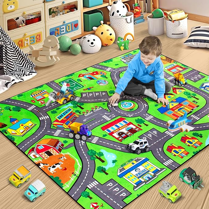 Road Car Rug,City Road Rug for Kids,3x5 Ft Kids Floor Play mat,and Car Carpet Play Mat with Realistic Colors – Perfect for Children and Non-Slip for Classroom,Playroom and Bedroom-Ruum Studio Home