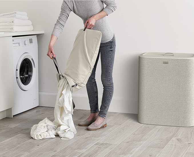 Joseph Joseph Tota Trio 90 liter/23.8 gallon Laundry Hamper Separation Basket with lid, 3 Removable Washing Bags with Handles- Ecru-Ruum Studio Home