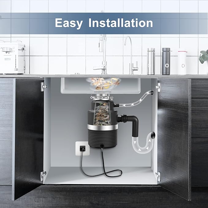 Trifecte Series 1 HP Continuous Feed Garbage Disposal with Sound Reduction, Power Cord, Stainless steel Flange,Splash Guard, Wrench Included, Black-Ruum Studio Home