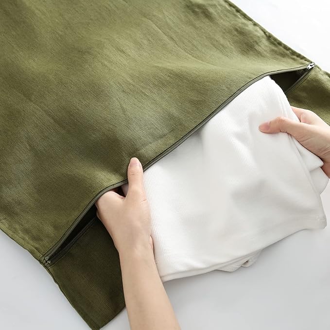 Linen Hanging Laundry Bag, 100% Linen Over The Door Laundry Hamper with Buttons and Zipper, Space Saving Door Hampers for Laundry Dirty Clothes Home Travel, Green-Ruum Studio Home