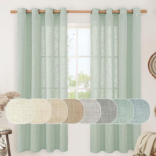 LAMIT 72 Inch Linen Sheer Curtains for Bedroom, Linen Textured Light Filtering Drapes Bronze Grommet Boho Neutral Panels for Farmhouse/Living Room, 2 Panels, 52 x 72 Inch, Light Sage-Ruum Studio Home